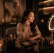 Student practising her own makeup at a lit vanity