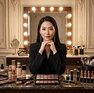 Professional grooming session at a makeup station