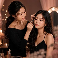 Makeup artist working on a client during class